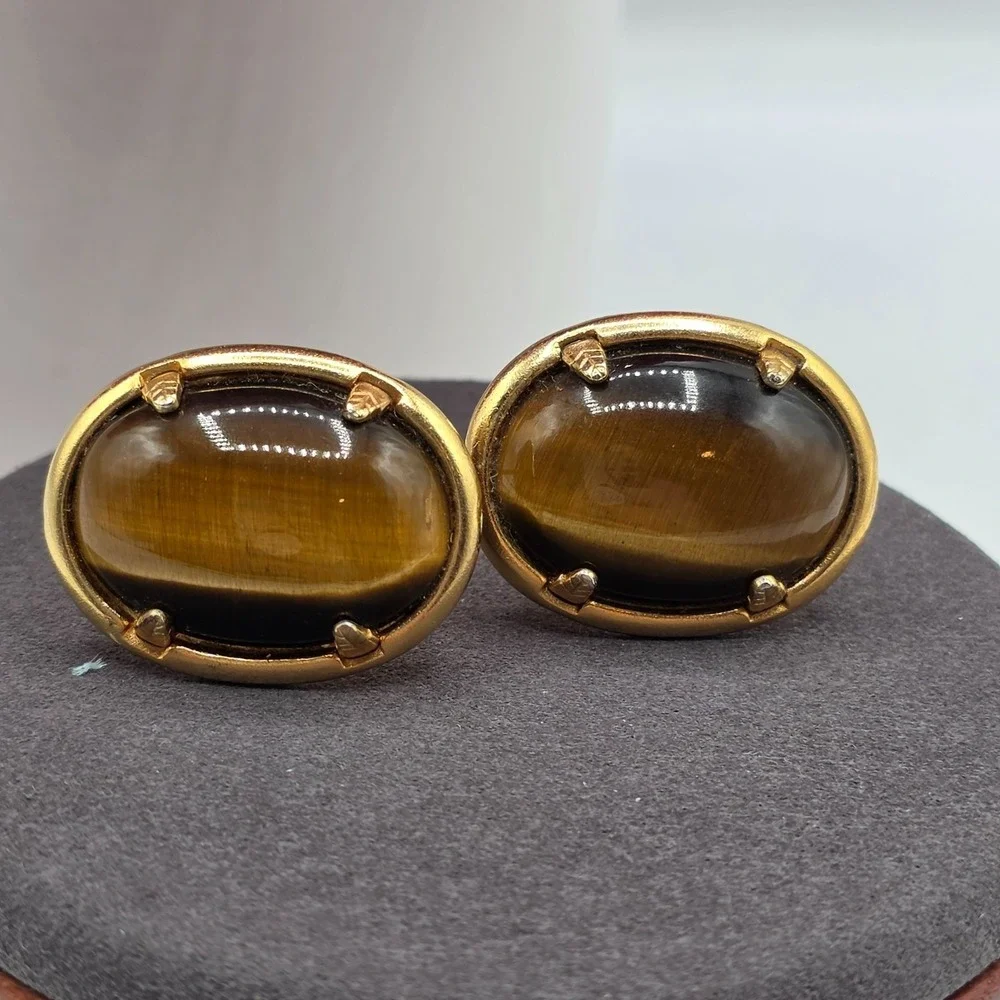 Vintage Gold Tone Oval Tiger Eye‎ Gemstone Cufflinks Men's Formal Wear Estate